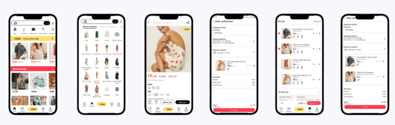 High fidelity prototype screens: home with summer carnival banner, category browsing, product detail, order confirmation, cart, and checkout