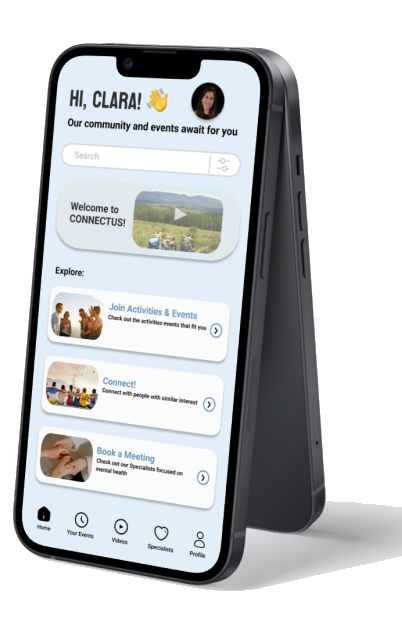 CONNECTUS! app home screen: a greeting for Clara, a search bar, a welcome video, and explore cards for joining activities, connecting with people, and booking a meeting