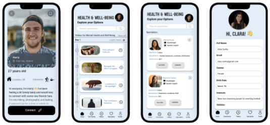 High fidelity app prototype screens: friend profile, health and well-being videos, specialists listing, and profile details form