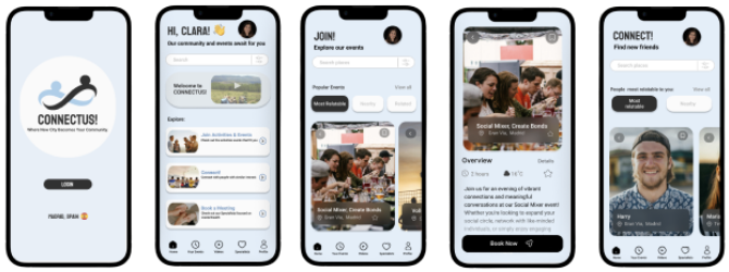 High fidelity app prototype screens: splash and login, home, explore events, social mixer event detail, and find new friends