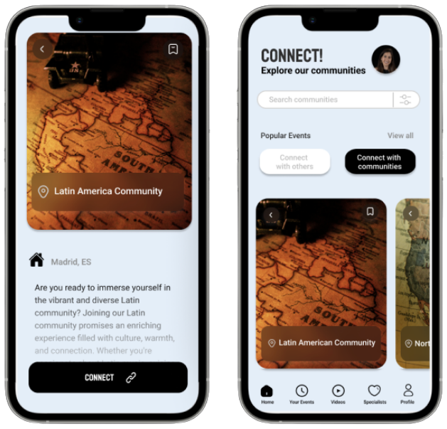 ConnectUS! app screens showing the Explore Communities feed and a Latin America Community detail page