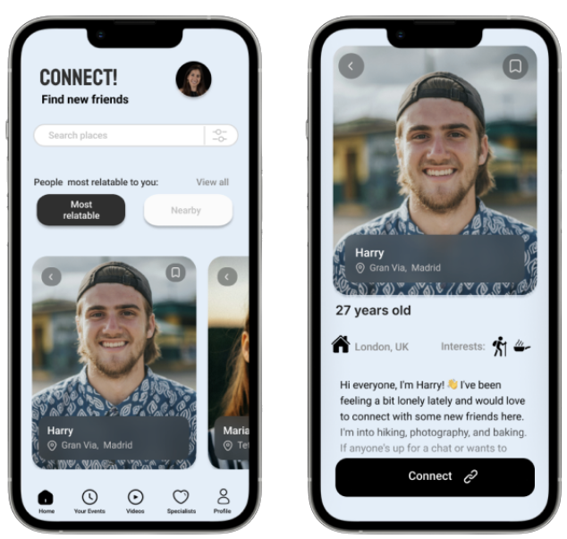 ConnectUS! app screens showing the Find New Friends feed and Harry's profile detail page