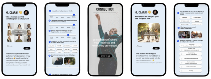High fidelity prototype screens for onboarding: welcome, personality questions, interests network intro, hobbies discovery, and the questionnaire