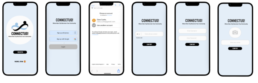 High fidelity prototype screens for the registration flow: splash, sign up options, Google account selection, phone number entry, email and password, and profile photo
