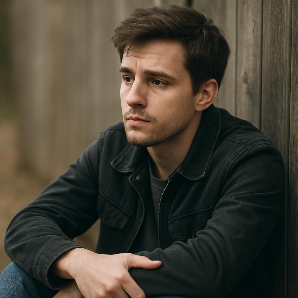 A young expat sitting against a wall, looking pensive