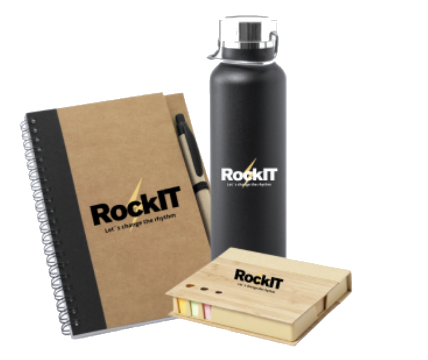 RockIT branded merchandise: recycled notebook, water bottle and sticky-note memo box