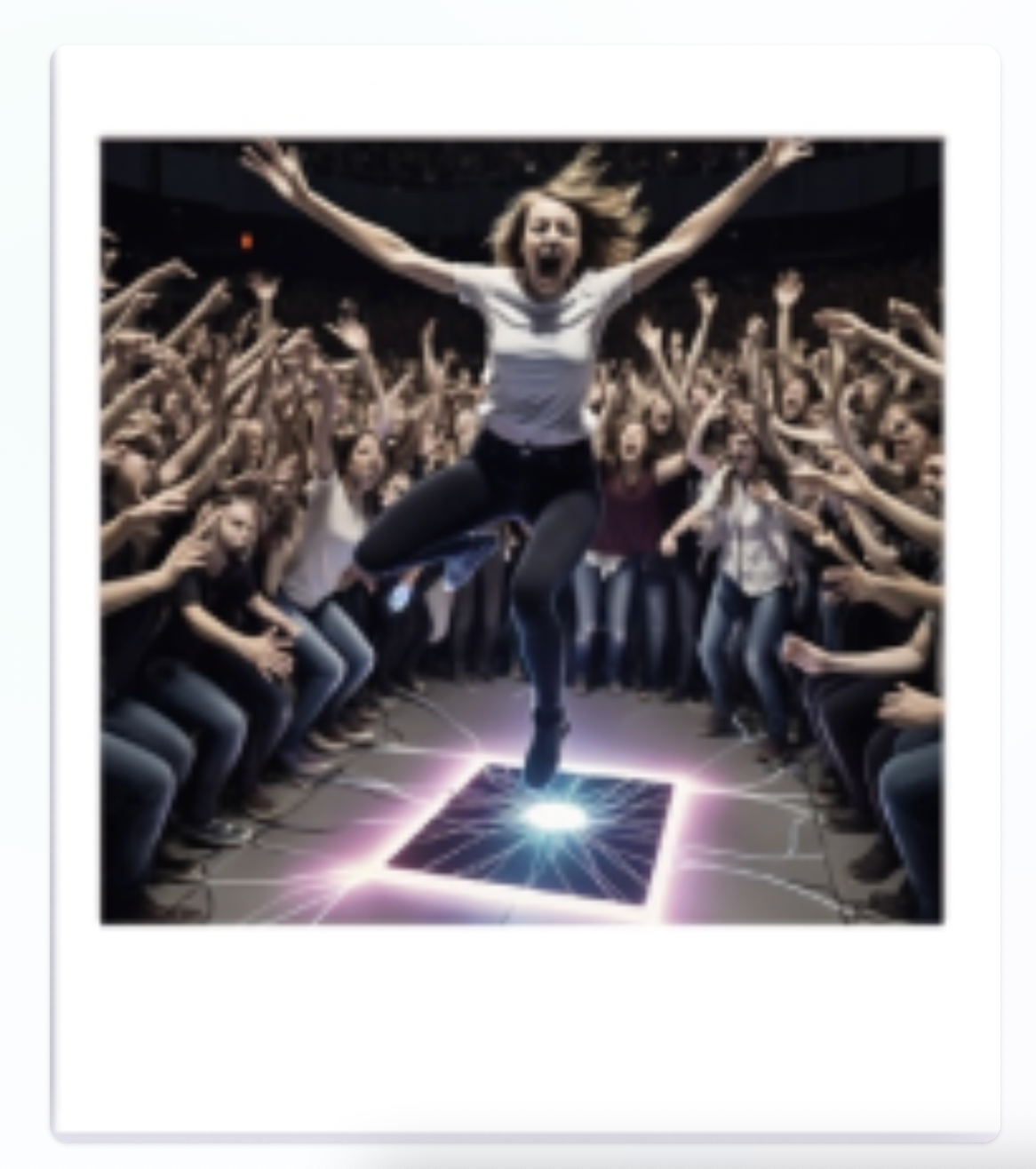 Concertgoer leaping on a glowing electricity-generating dance floor tile amid a crowd