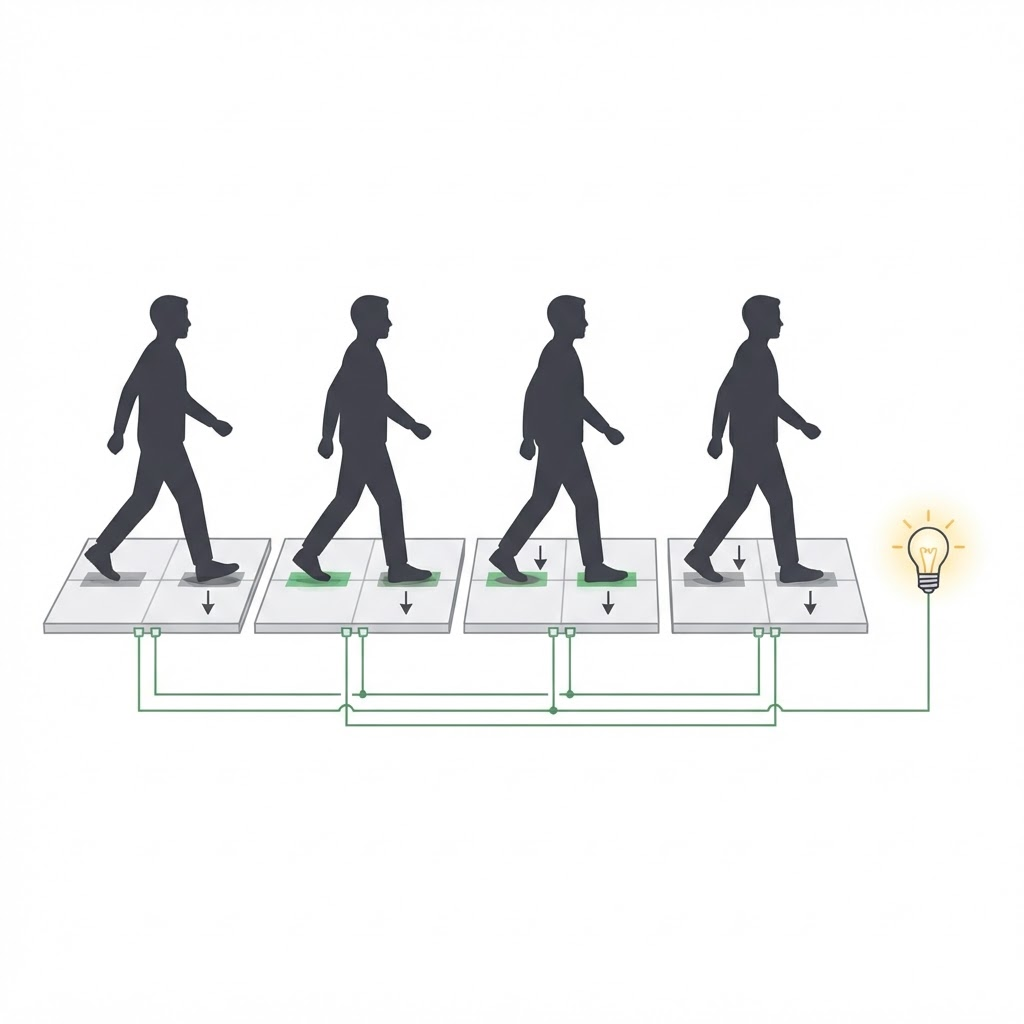 Diagram of people walking on piezoelectric tiles that power a light bulb