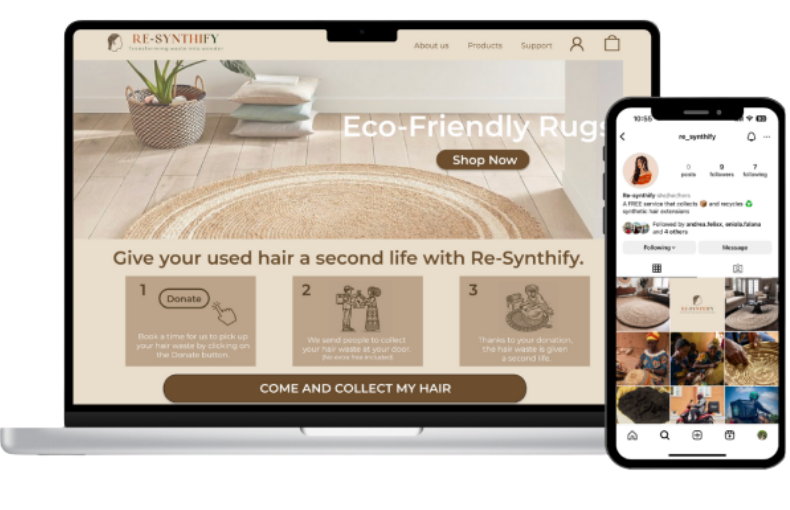 Re-Synthify e-commerce website on a laptop and Instagram profile on a phone