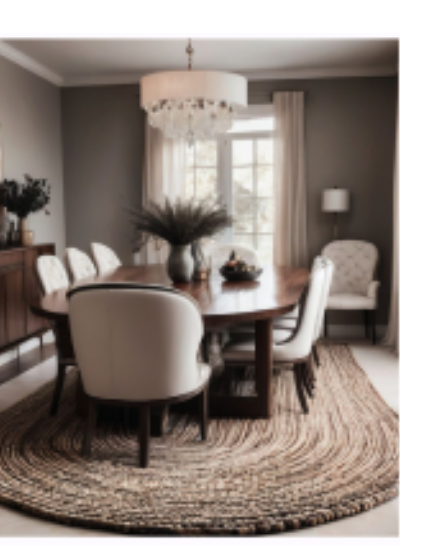 Woven rug rendered in a dining room beneath a dark wood table and chandelier