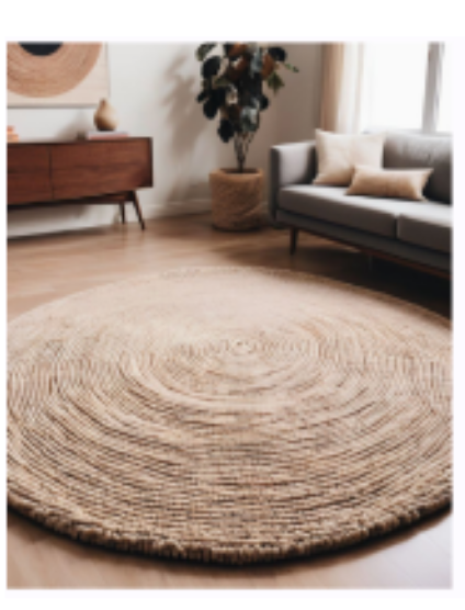 Woven rug rendered in a modern living room with a grey sofa and wood sideboard