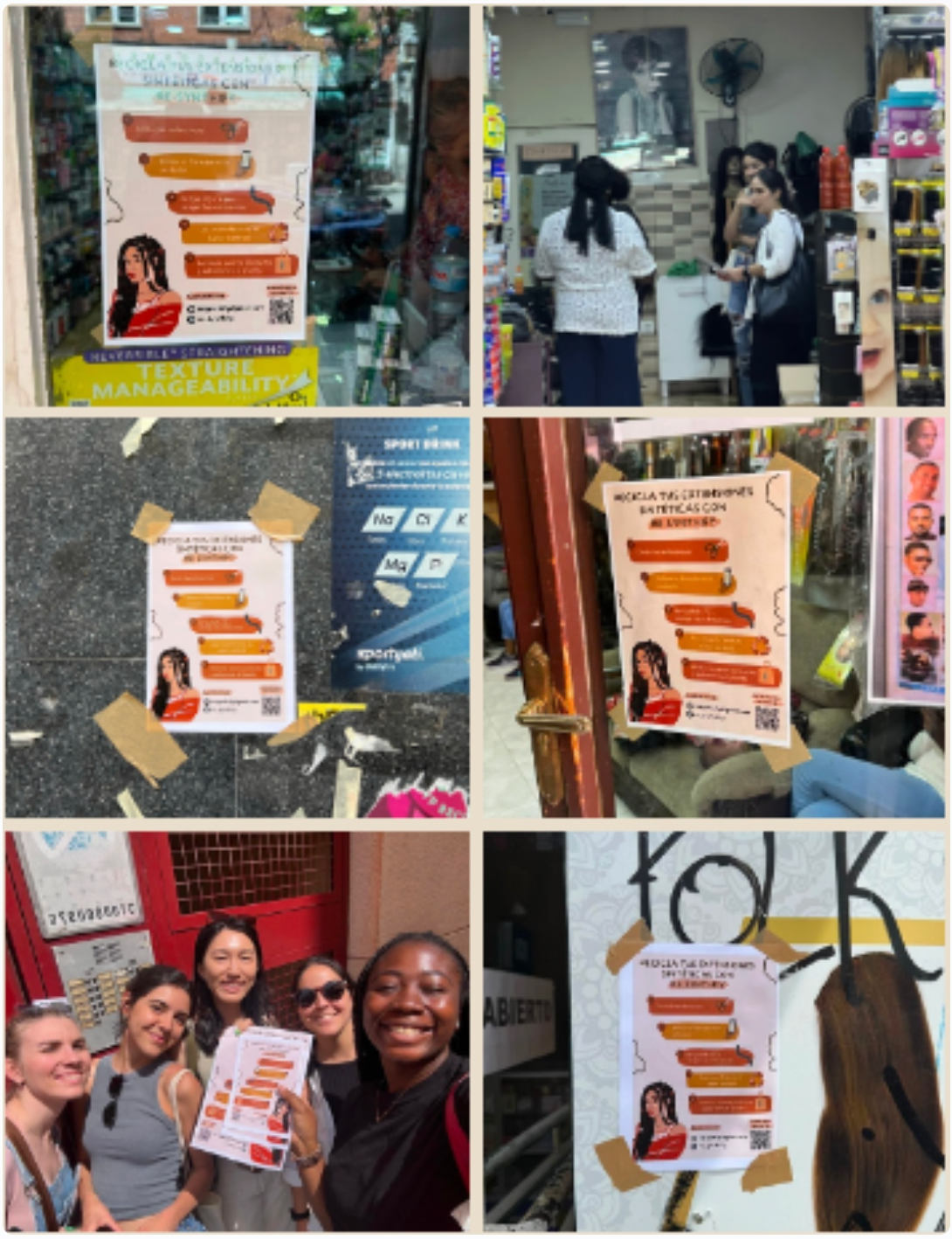 Six field-test photos of recycling flyers posted in Madrid salons and the team gathering feedback on the street
