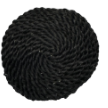 Round coiled rug hand-woven from recycled synthetic hair